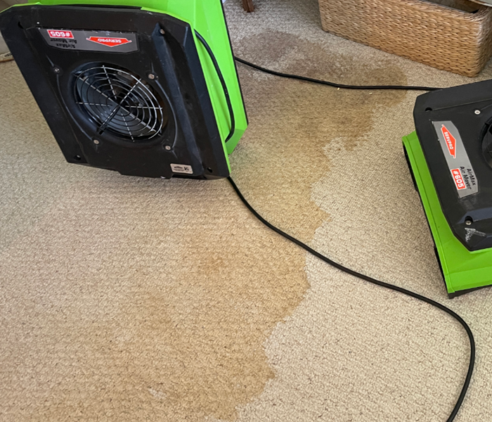 Two SERVPRO Air Movers placed on wet carpet.